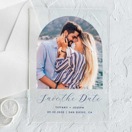 Minimales Foto Arch Navy Blue Script Save the Date Acryleinladungen