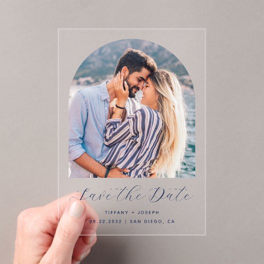 Minimales Foto Arch Navy Blue Script Save the Date Acryleinladungen (Insitu (Handheld))