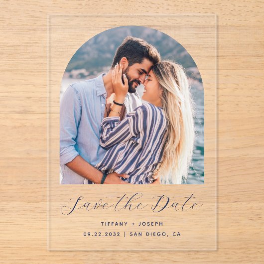Minimales Foto Arch Navy Blue Script Save the Date Acryleinladungen (Vorderseite)
