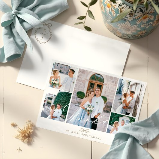 Minimales Foto Collage Script Wedding Bow Monogram Dankeskarte