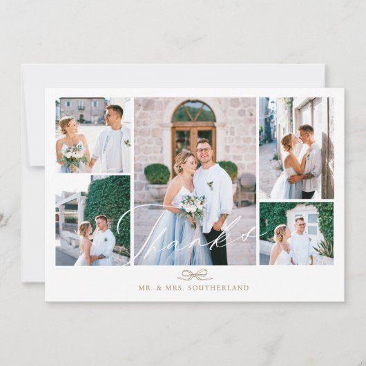 Minimales Foto Collage Script Wedding Bow Monogram Dankeskarte (Vorderseite)