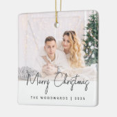 Minimales Foto Frohe Weihnachten Grau Script Keramikornament (Links)