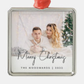 Minimales Foto Frohe Weihnachten Grau Script Ornament Aus Metall (Vorne)