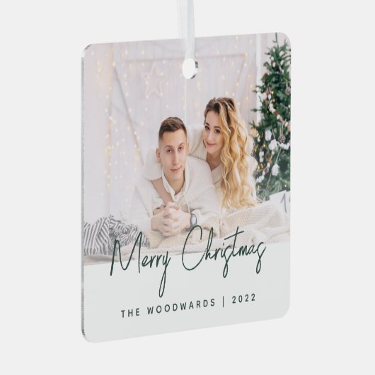 Minimales Foto Frohe Weihnachts Grün Skript Ornament Aus Metall (Vorderseite Rechts)