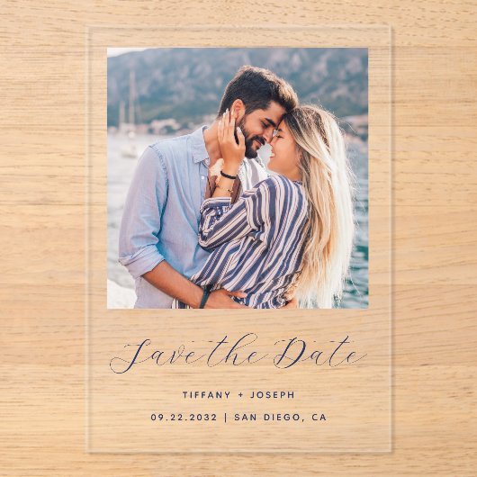 Minimales Foto Navy Blue Script Save the Date Acryleinladungen (Vorderseite)