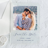 Minimales Foto Navy Blue Script Save the Date Acryleinladungen