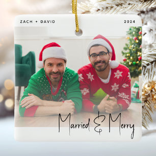 Minimales Foto Verheiratet und Merry LGBTQ Schwarz Keramikornament