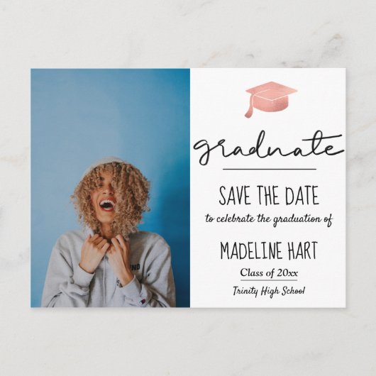 Minimales Graduate Script | Save the Date Foto Ankündigungspostkarte (Vorderseite)