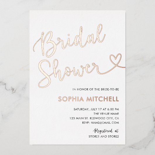 Minimales Herz-Script White Brautparty Folieneinladung (Vorderseite)