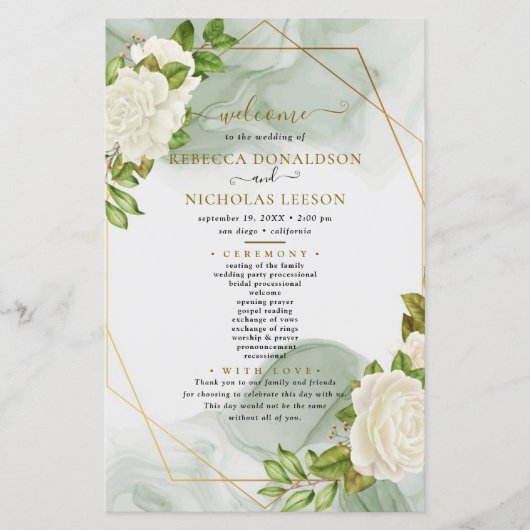 Minimales Hochzeitsprogramm für Wasserfarben-Rose (Vorderseite)