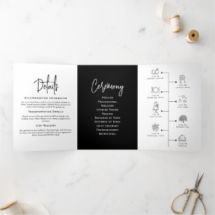 Minimales Hochzeitsprogramm Schwarz/Weiß Elegant Dreifach-gefaltete Programmkarte