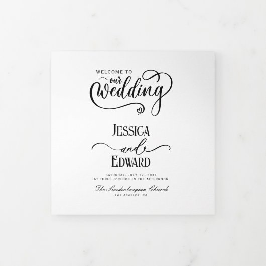 Minimales Hochzeitsprogramm Schwarz/Weiß Elegant Dreifach-gefaltete Programmkarte (Cover)