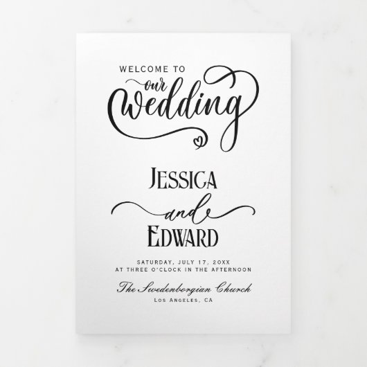 Minimales Hochzeitsprogramm Schwarz/Weiß Elegant Dreifach-gefaltete Programmkarte (Cover)