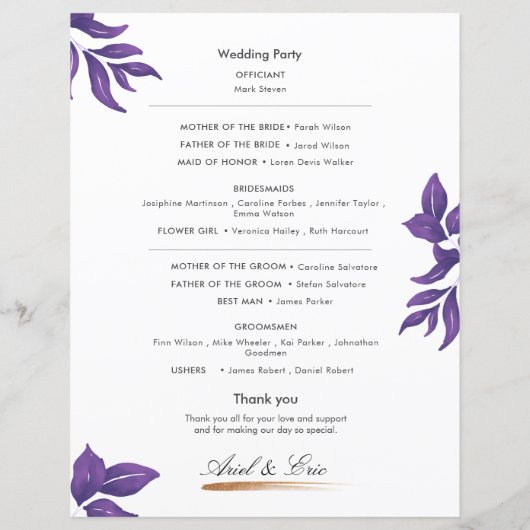 Minimales klassisches Lila Hochzeitsprogramm (Rückseite)