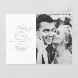 Minimales Laub + Skripttext Save the Date Ankündigungspostkarte