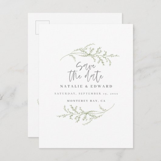 Minimales Laub + Skripttext Save the Date Ankündigungspostkarte (Vorne/Hinten)