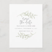 Minimales Laub + Skripttext Save the Date Ankündigungspostkarte (Vorderseite)