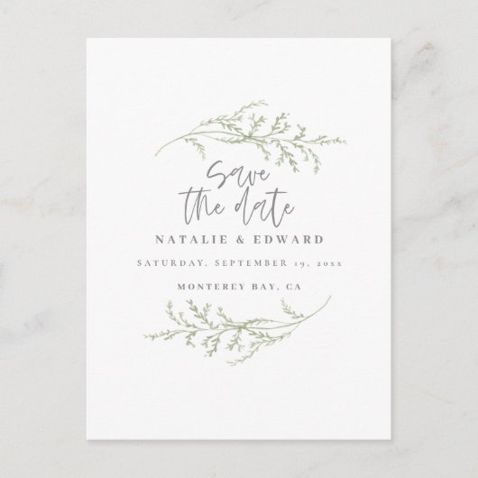 Minimales Laub + Skripttext Save the Date Ankündigungspostkarte (Vorderseite)