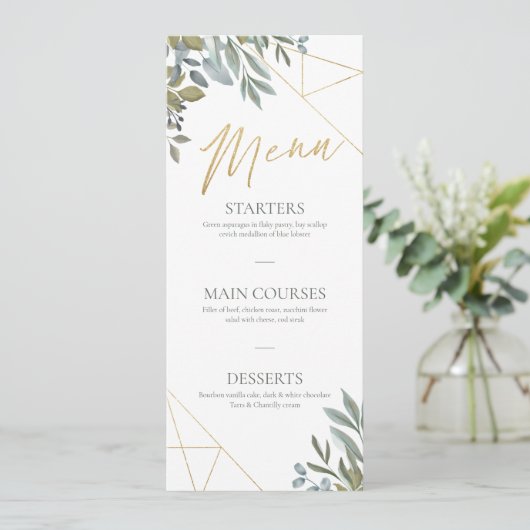 Minimales Leaf Greenery & Gold Geometric Terrarium Menükarte (Stehend Vorderseite)