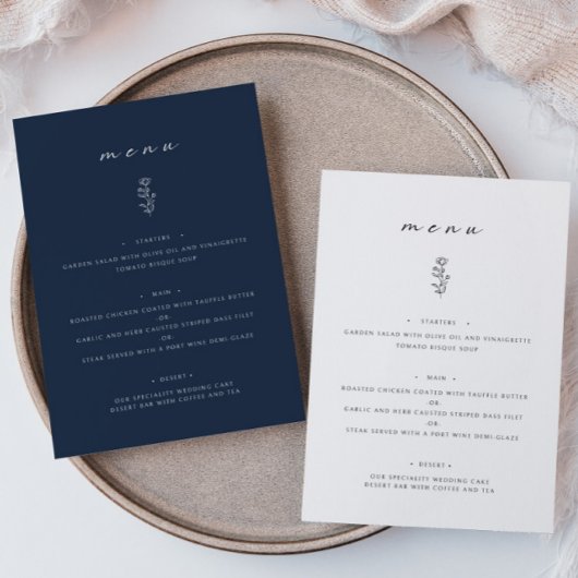 Minimales leaf Navy Blue Wedding Dinner Flat Menu Menükarte