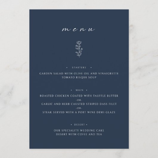 Minimales leaf Navy Blue Wedding Dinner Flat Menu Menükarte (Vorderseite)