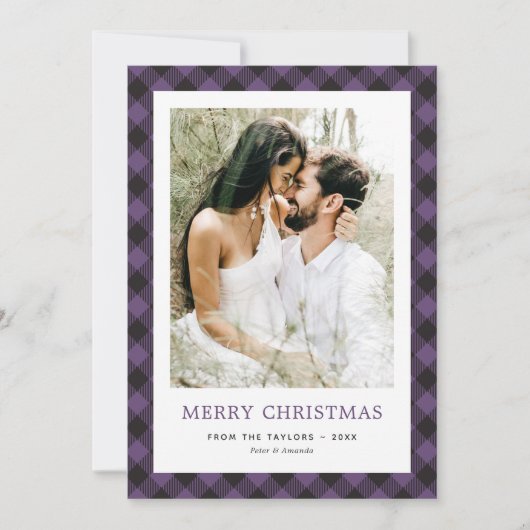 Minimales Lila Kariertes Foto Frohe Weihnachten (Vorderseite)