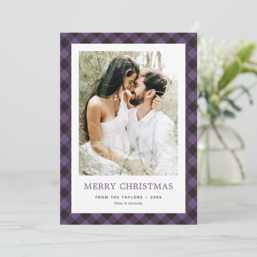 Minimales Lila Kariertes Foto Frohe Weihnachten (Stehend Vorderseite)