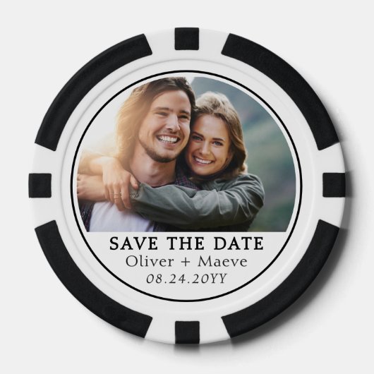 Minimales modernes Foto Save the Date Schwarz-weiß Pokerchips (Vorderseite)