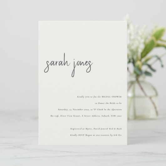 Minimales modernes Schwarz-weißes Script-Brautpart Einladung (Stehend Vorderseite)