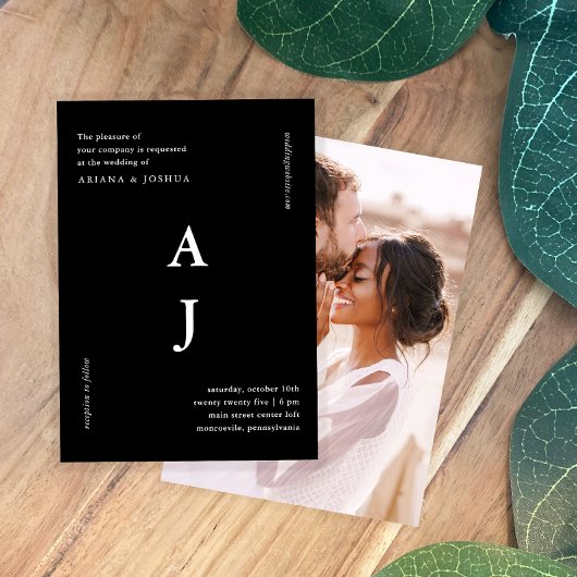 Minimales Monogramm-Foto Hochzeit Schwarz/Weiß Einladung