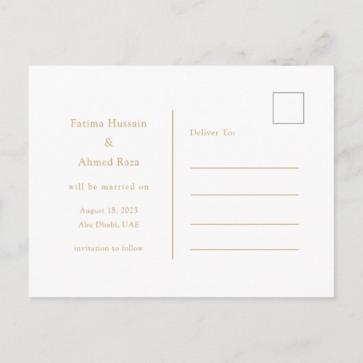 Minimales muslimisches White-Gold-Script Save the Ankündigungspostkarte (Rückseite)