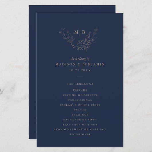 Minimales Navy Blue Formal Monogram Wedding Progra (Vorne/Hinten)