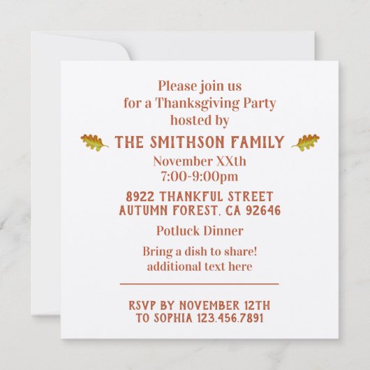 Minimales Party für Herbst-Erntedank Einladung (Rückseite)