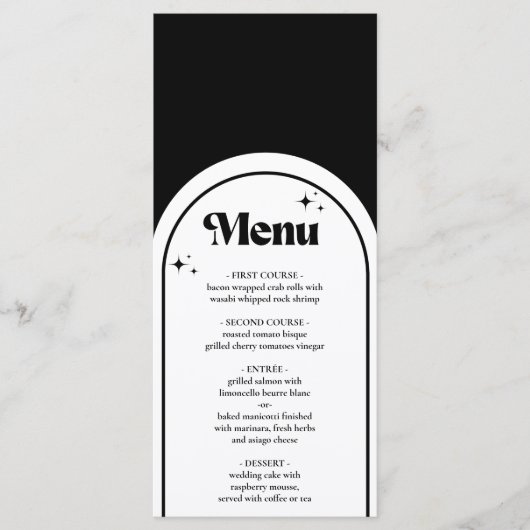 Minimales Retro Arch Black and White Wedding Menü Menükarte (Vorderseite)