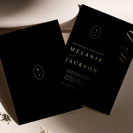 Minimales Schwarz-Gold-Personalisiert-Monogramm-Wa Folieneinladung