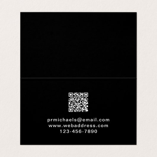 Minimales Schwarz mit moderner Schrift und QR-Code Visitenkarten (Innenseite Aufgefaltet)