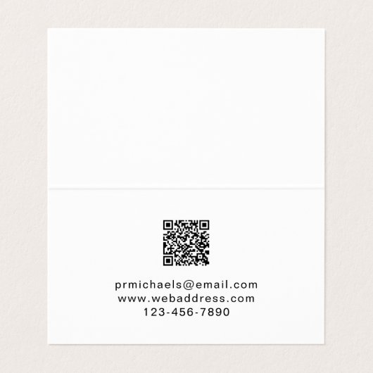 Minimales Schwarz mit moderner Schrift und QR-Code Visitenkarten (Innenseite Aufgefaltet)