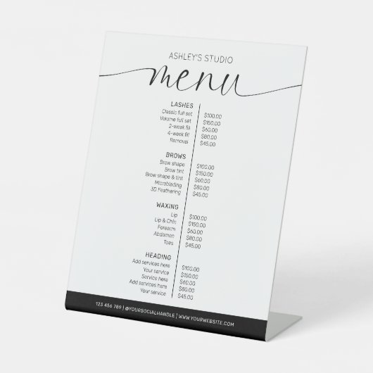 Minimales Schwarz-Weiß-Friseur-Salon-Menü Sockelschild (Vorderseite)