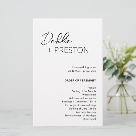 Minimales Schwarz-Weiß-Hochzeitsprogramm (Stehend Vorderseite)