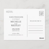 Minimales Schwarz-Weiß-Hochzeitsstil Save the Date Postkarte (Rückseite)