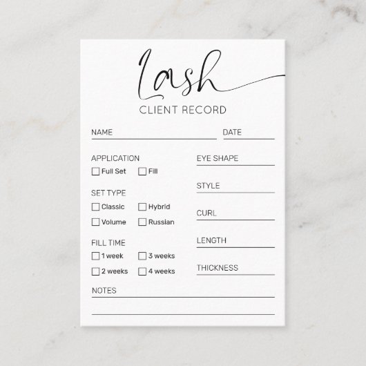 Minimales Schwarz-Weiß-Lash-Client-Formular Visitenkarte (Vorderseite)