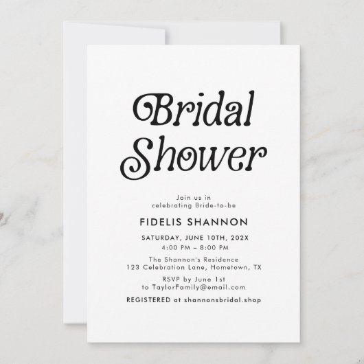 Minimales Schwarz-Weiß-Retro-Brautparty Einladung (Vorderseite)