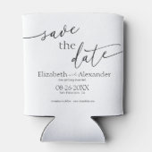Minimales Schwarz-Weiß-Skript Save the Date Extrav Dosenkühler (Rückseite)