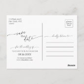 Minimales Schwarz-Weiß-Skript Save the Date Extrav Postkarte (Rückseite)