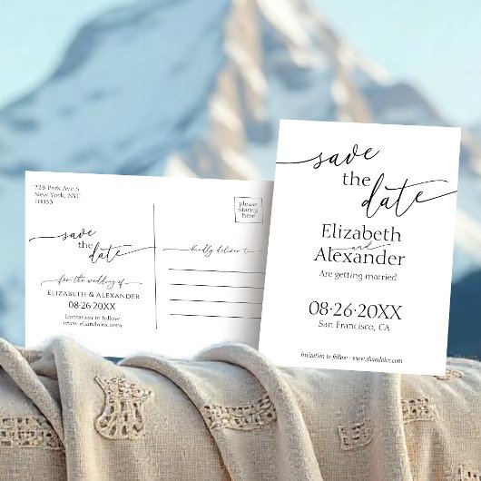 Minimales Schwarz-Weiß-Skript Save the Date Extrav Postkarte