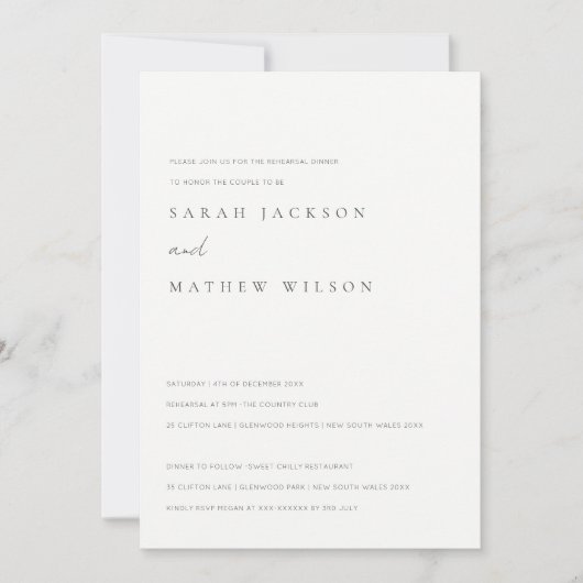 Minimales Schwarz-Weiß-Typografie-Probe-Dinner Einladung (Vorderseite)