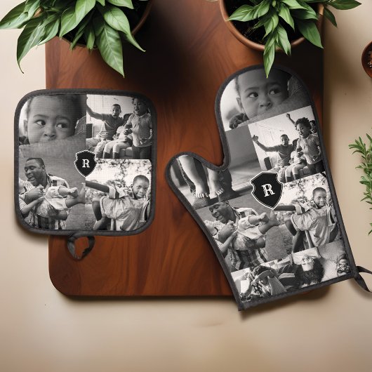 Minimales Schwarz-Weiß-Wappen für Monogramm-FotoCo Ofenhandschuh & Topflappen-Set