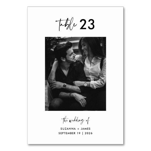 Minimales Schwarz-weißes Calligrafy Script-Foto Tischnummer (Rückseite)