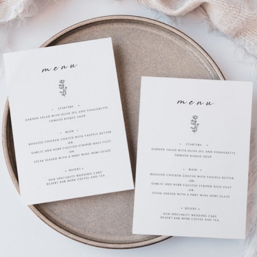 Minimales Schwarz-weißes Menü für Hochzeiten Menükarte