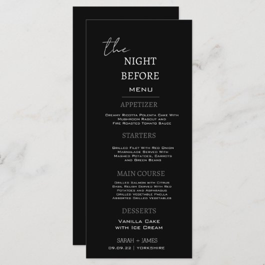 Minimales schwarzes Abendessen am Abend vor der Ho Menükarte (Vorne/Hinten)